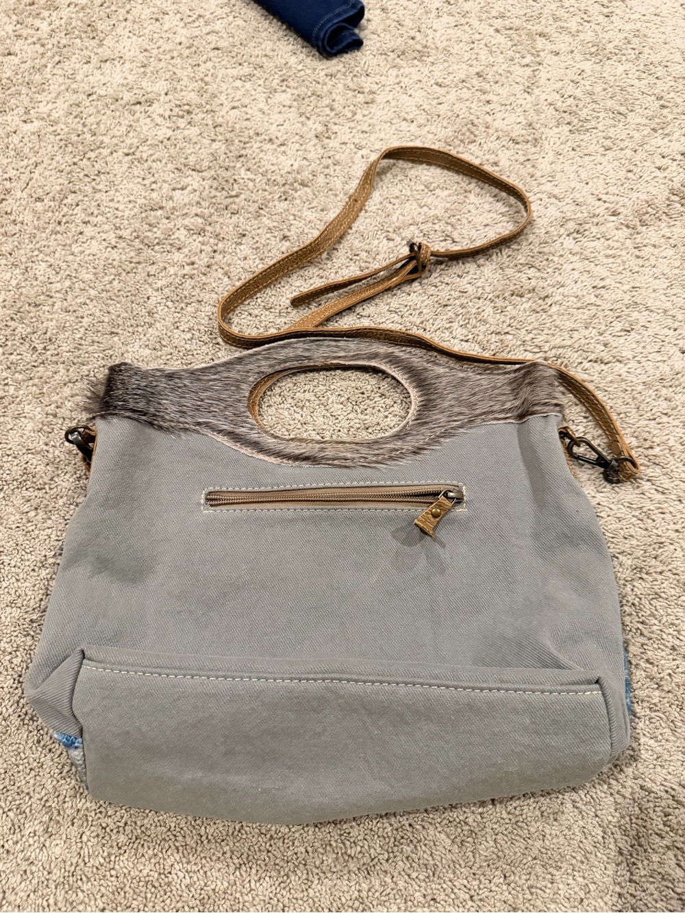 Myra Bag Blue Patterned Hairhide Trim Crossbody Card & Key Holder with Tan Strap - Picture 3 of 5